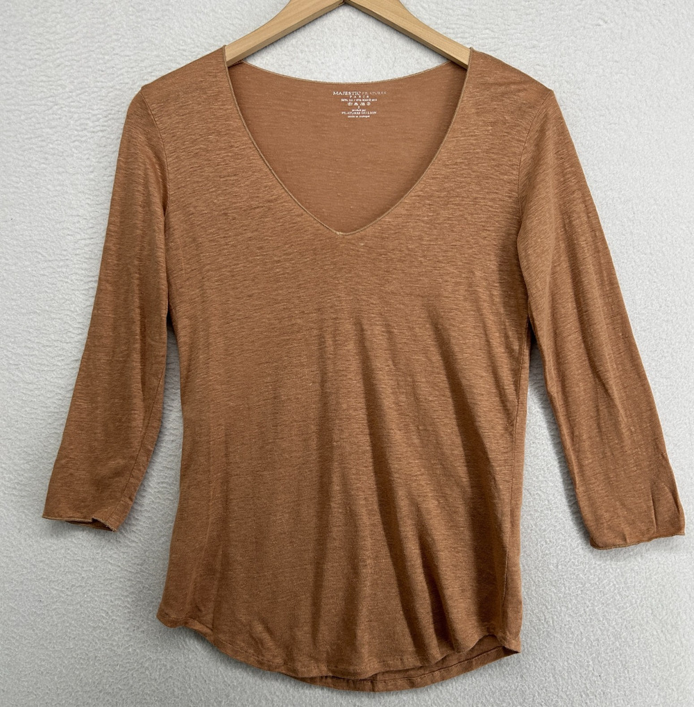 MAJESTIC Top 2 S FILATURES Slub Linen Jersey V-Neck 3/4 Sleeve Basic Brown